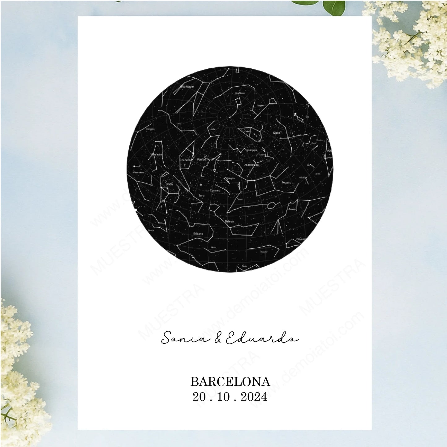 Lámina personalizada como regalo original para parejas con mapa estelar real y dedicatoria