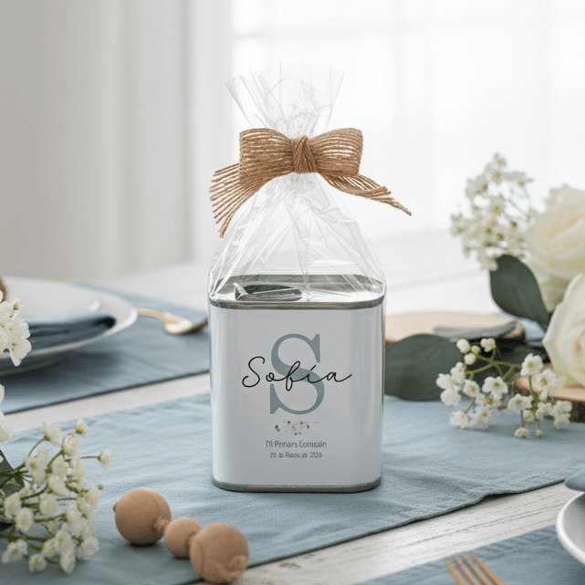 Latita de aceite personalizada para invitados de bautizo o comunión