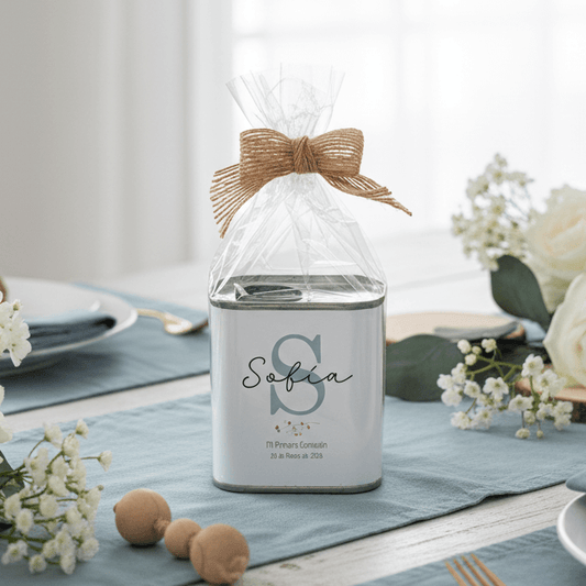 Latita de aceite personalizada para invitados de bautizo o comunión