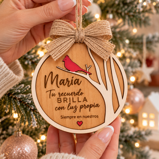 Bola de Navidad de recuerdo personalizada con el nombre María grabado a láser, cardenal rojo y lazo de yute · De Moi à Toi