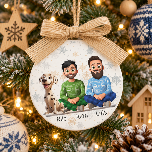 Bola de Navidad personalizada de madera con ilustración de pareja y su perro, colgada en el árbol
