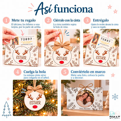 Cómo funciona el sobre personalizado: meter el décimo, cerrar con la cinta, colgar la bola y usarlo como marco · De Moi à Toi