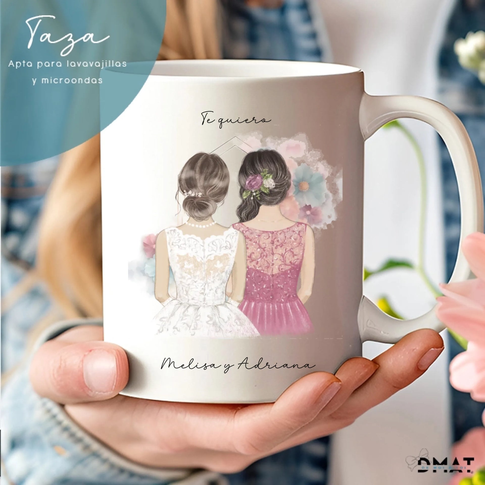 Taza personalizada de boda con ilustración para hermana o amiga
