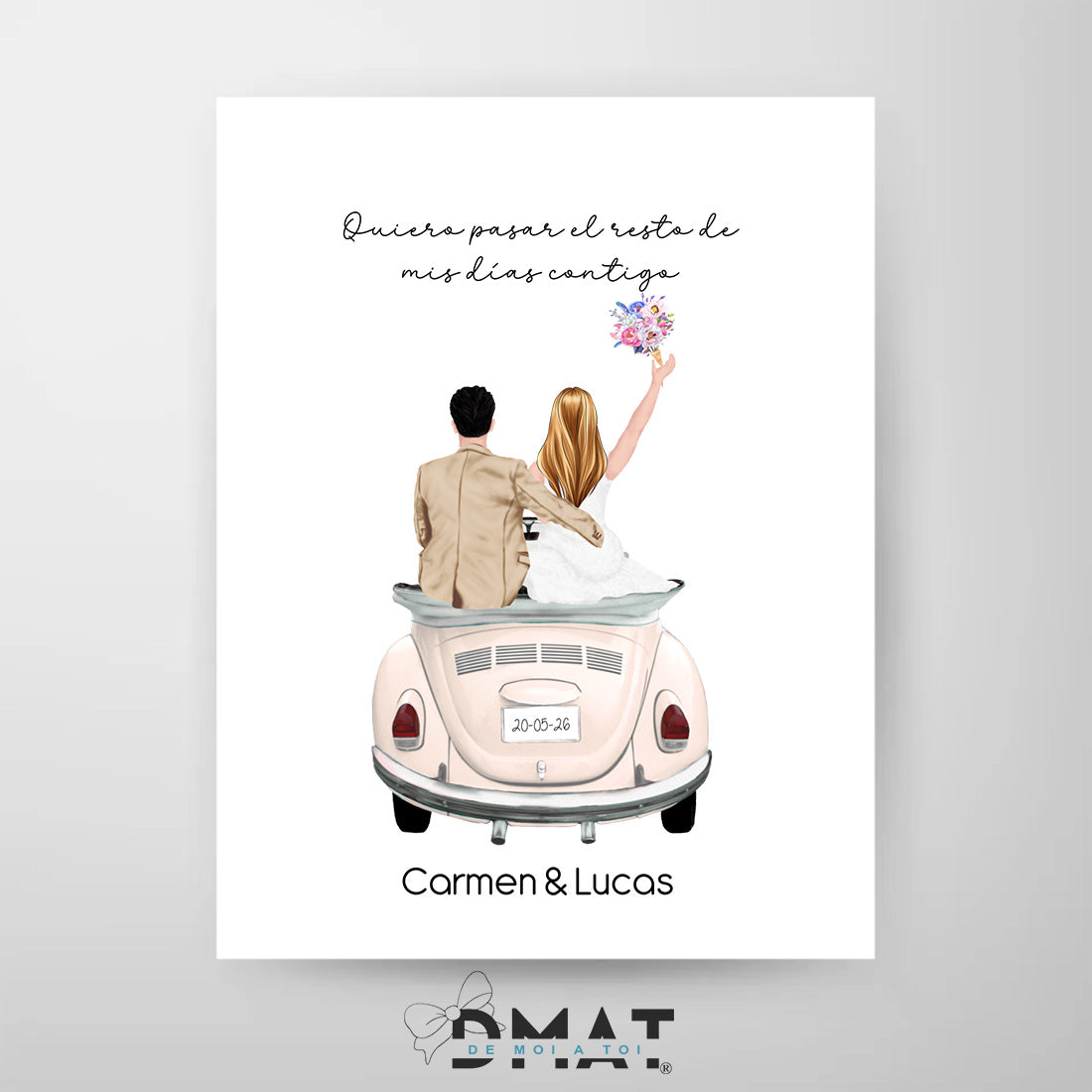 Lámina de boda personalizada con coche y novios