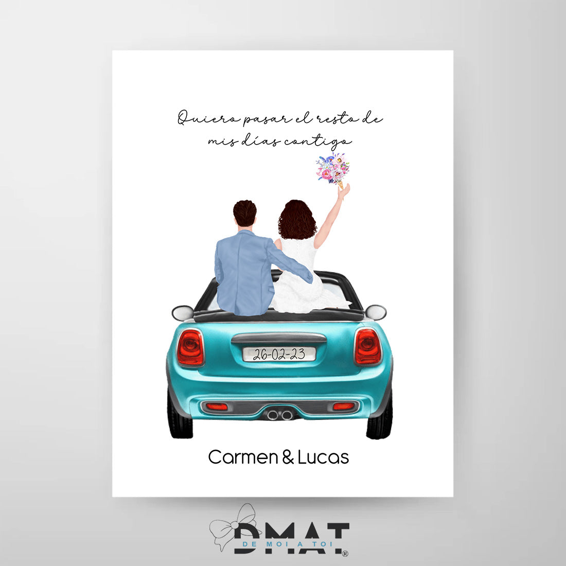 Lámina de boda personalizada con coche y novios