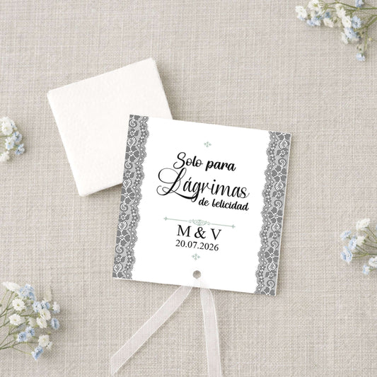 Lágrimas de felicidad con pañuelo económicas para bodas en tonos blanco y negro