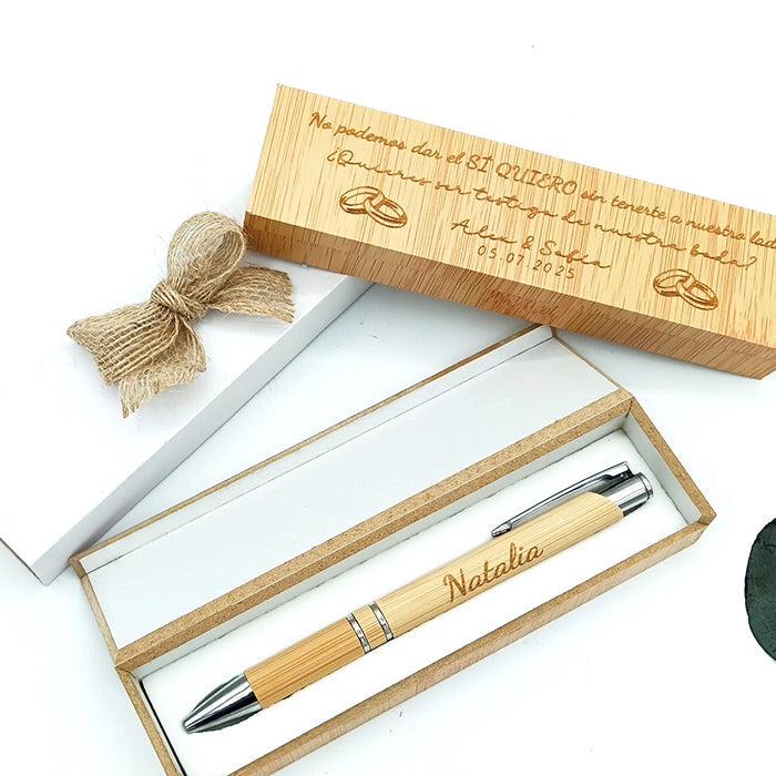 Bolígrafo bambú con estuche grabado a láser