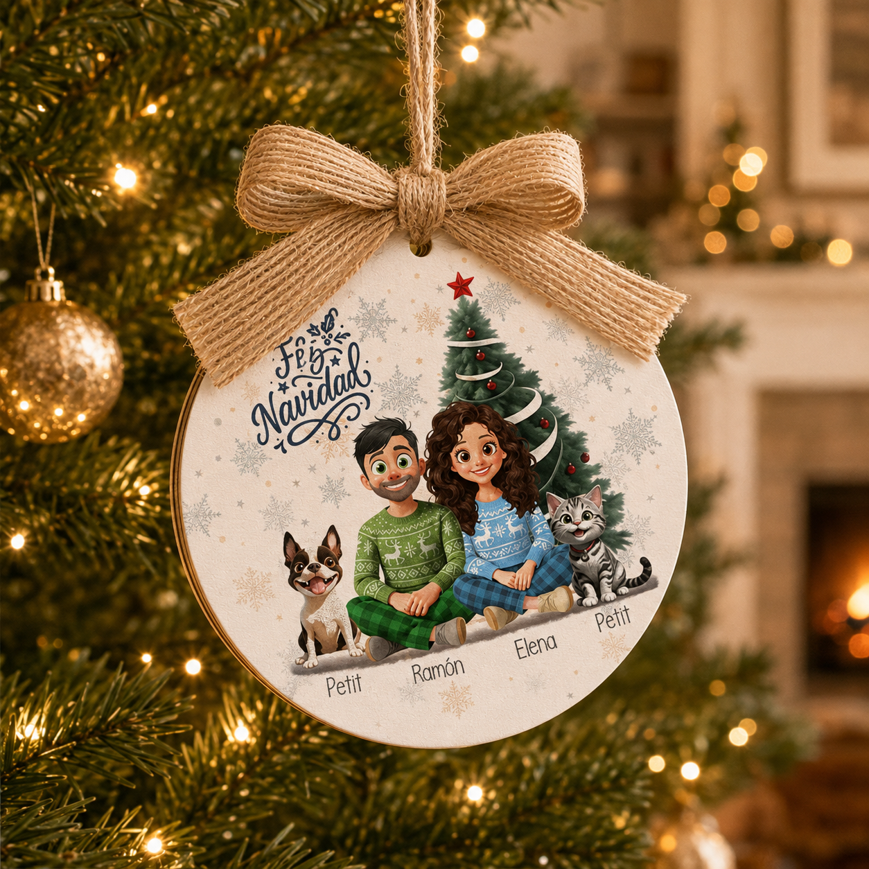 Bola de Navidad personalizada Ohana en madera o acrílico con ilustración de mascota, pareja o familia