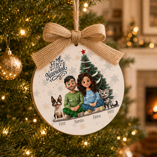 Bola de Navidad personalizada Ohana en madera o acrílico con ilustración de mascota, pareja o familia