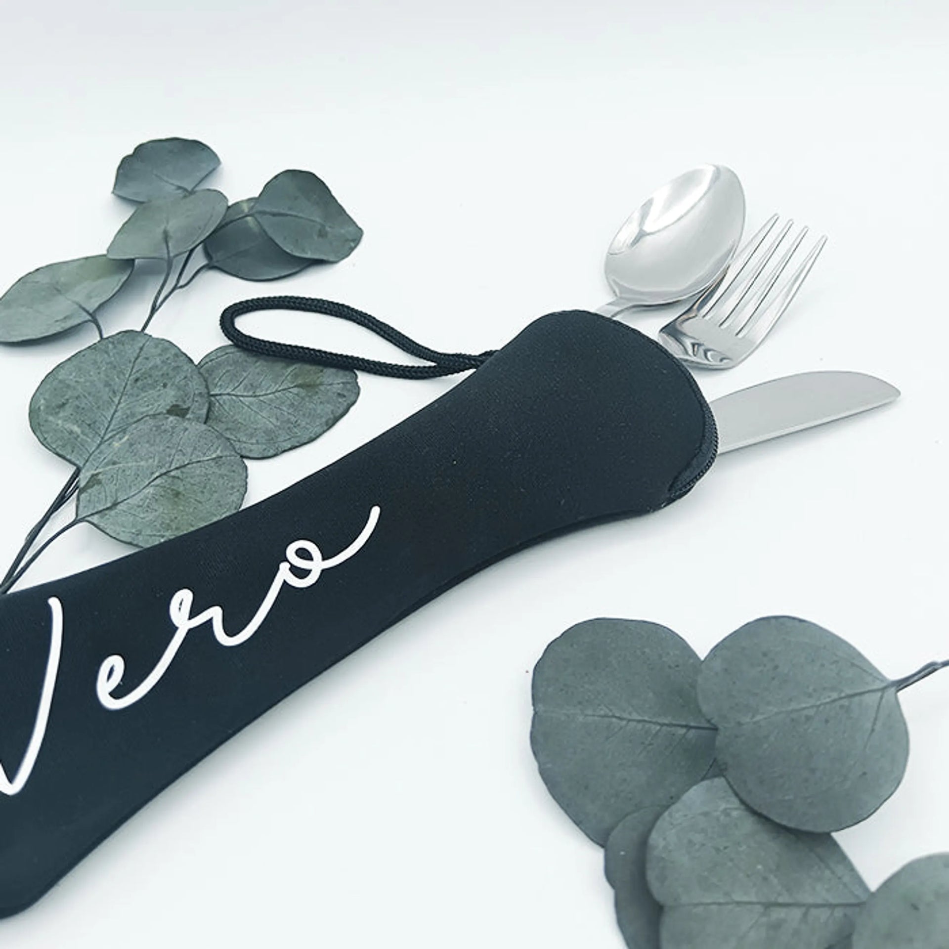 Set de cubiertos de acero inoxidable con funda personalizada para camping