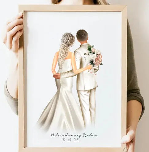 Regalo de boda original con ilustración personalizada de novios y novias gays