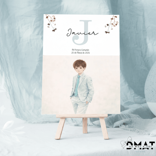 Cartel impreso personalizado para comunión de niño con nombre, inicial y muñeco editable.