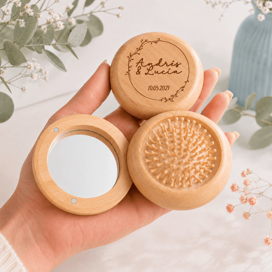 Espejo y cepillo de bolsillo compacto personalizado para invitados