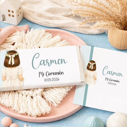 Chocolatinas personalizadas detalle invitados comunión niña vichy rosa