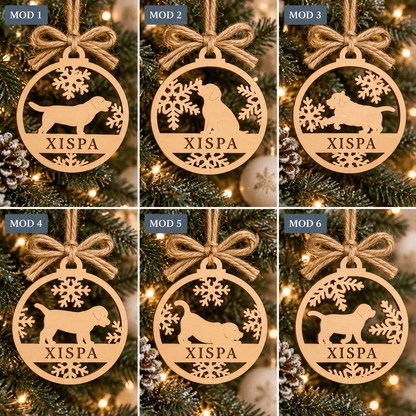 Seis modelos de bola de Navidad de madera con perro, del MOD 1 al MOD 6