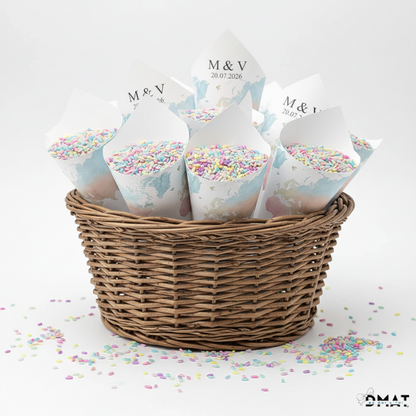 conos de arroz de boda personalizados viajeros