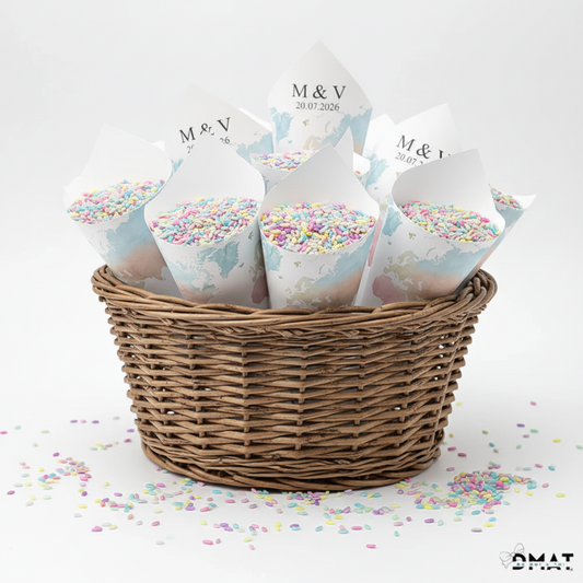 conos de arroz de boda personalizados viajeros