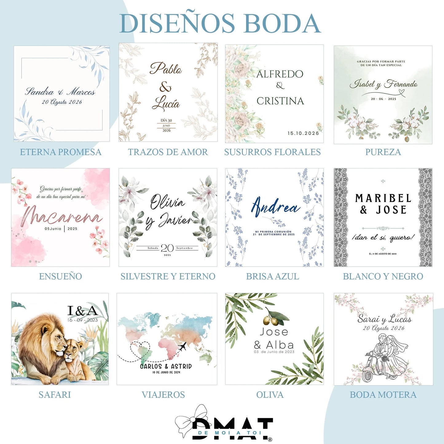 Diseños de boda coloridos y personalizados para celebraciones, ideal para invitaciones de boda.
