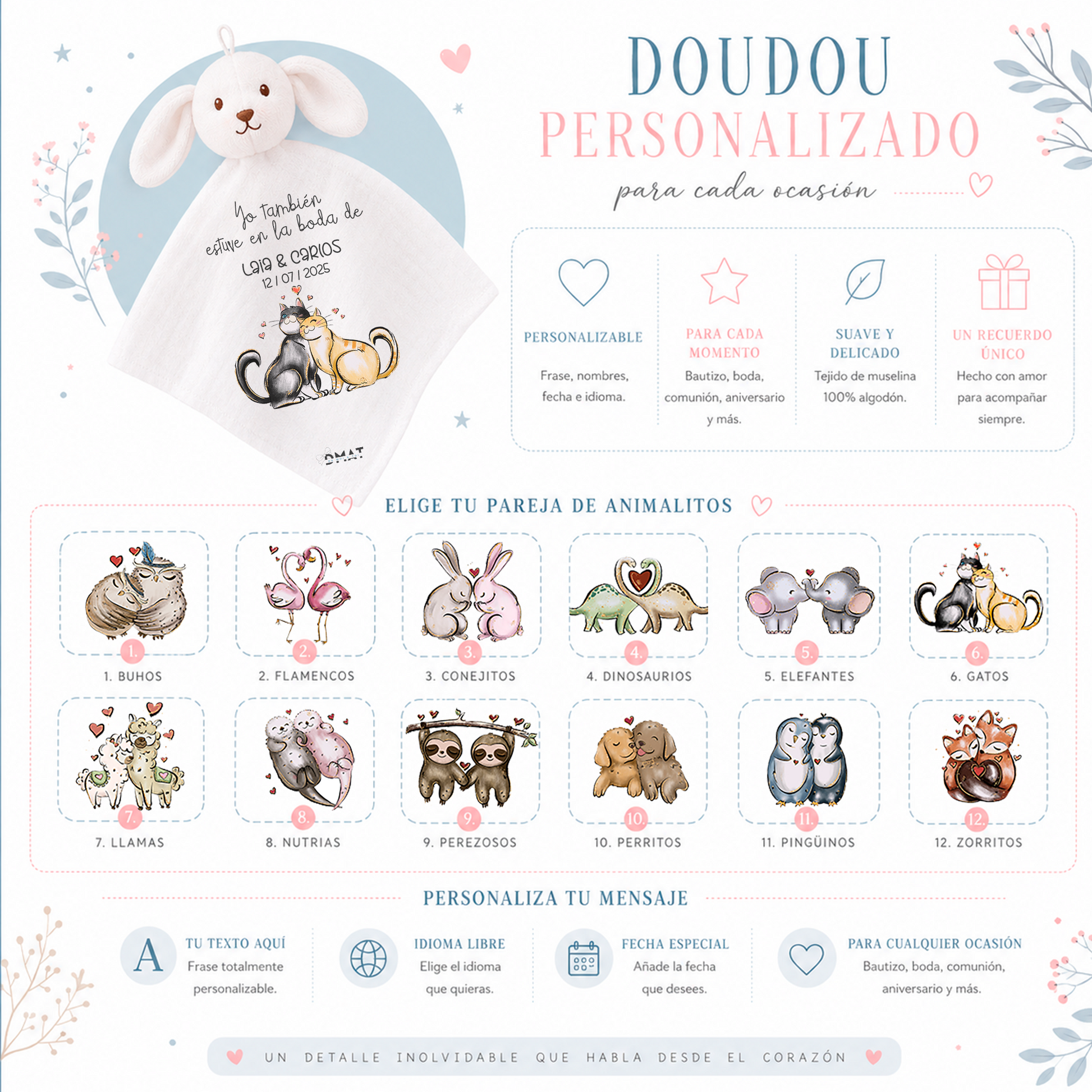 Mantita doudou suave personalizada sublimación detalle invitados bebé boda bautizo comunión
