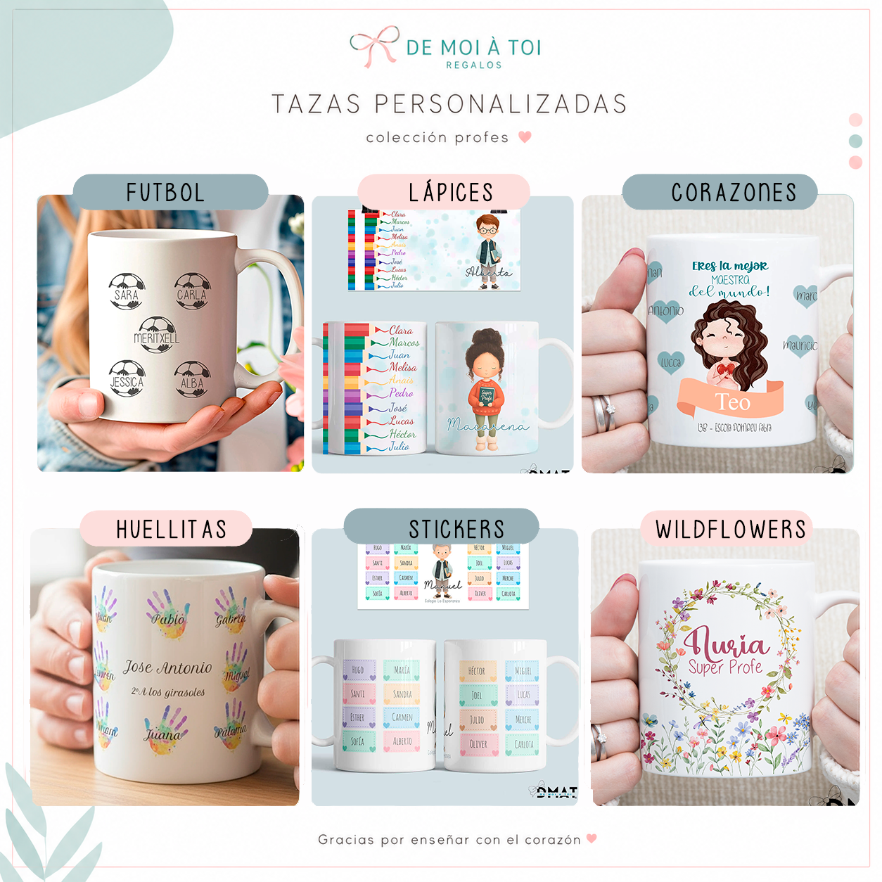 Tazas personalizadas como regalo original para profesores y entrenadores con nombres de alumnos y dedicatoria. Personalizado en vivo