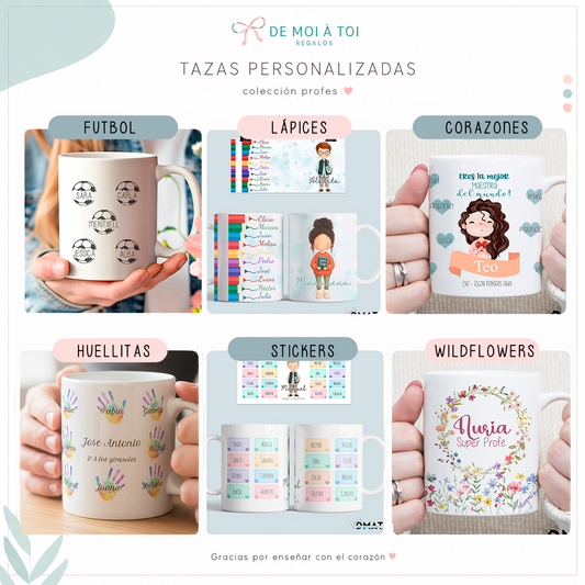Tazas personalizadas como regalo original para profesores y entrenadores con nombres de alumnos y dedicatoria. Personalizado en vivo