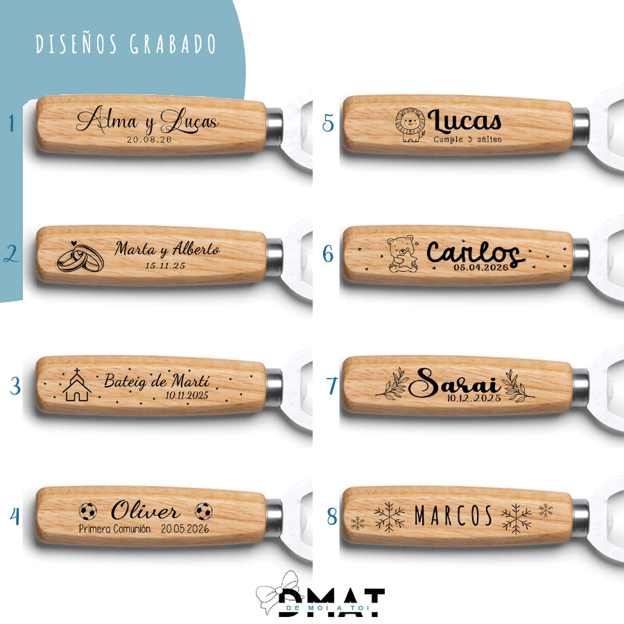 Abridor de madera personalizado con nombre para invitados