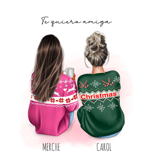 Set de regalo ilustración amigas sentadas invierno– Taza, cuadro y bolsa totebag