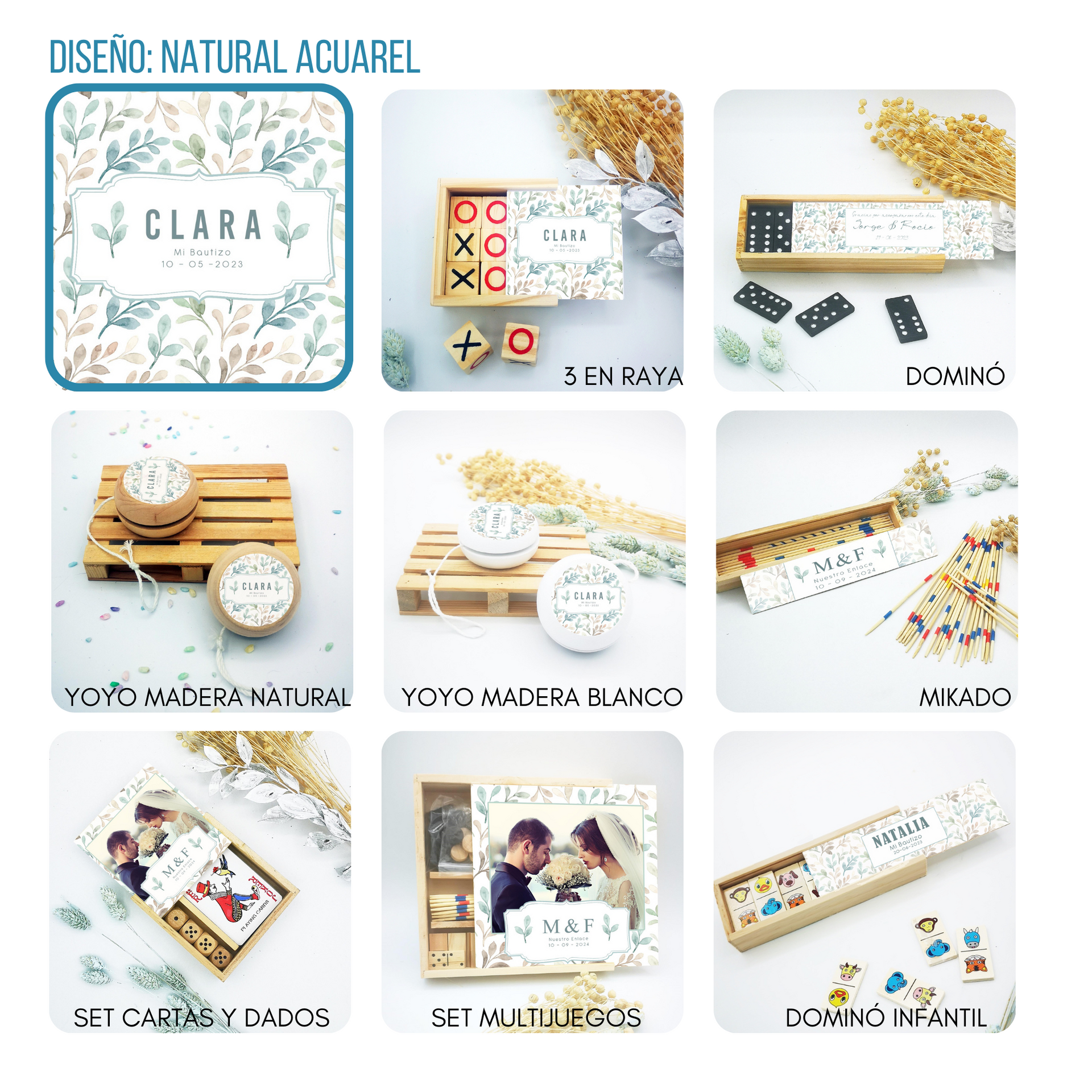 Juegos de madera personalizados para regalar como souvenir de boda, bautizo o comunión en Barcelona