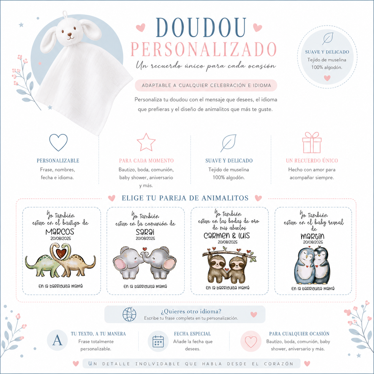 Doudou personalizado detalle comunión para bebés e invitadas embarazadas con nombre y fecha