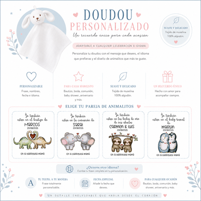 Doudou personalizado detalle comunión para bebés e invitadas embarazadas con nombre y fecha