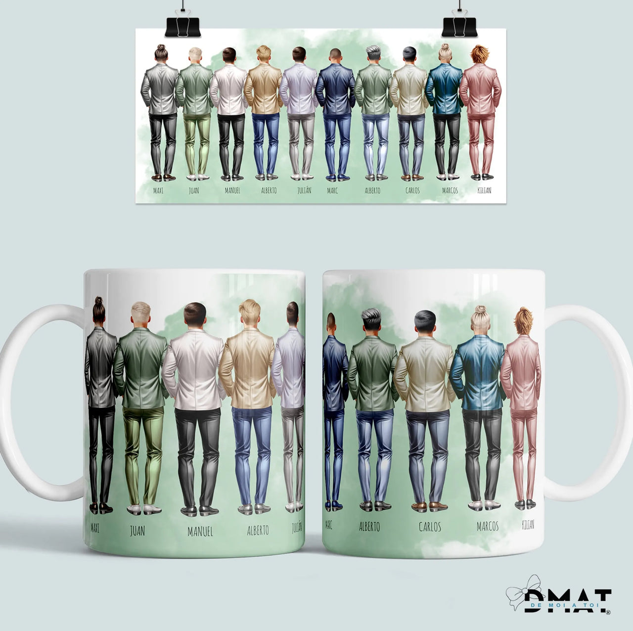 Taza personalizada grupo de amigos elegantes con traje, ilustración editable online y nombres — ideal para boda, oficina o regalo entre compañeros