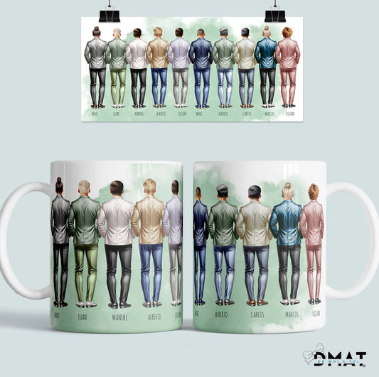 Taza personalizada grupo de amigos elegantes con traje, ilustración editable online y nombres — ideal para boda, oficina o regalo entre compañeros