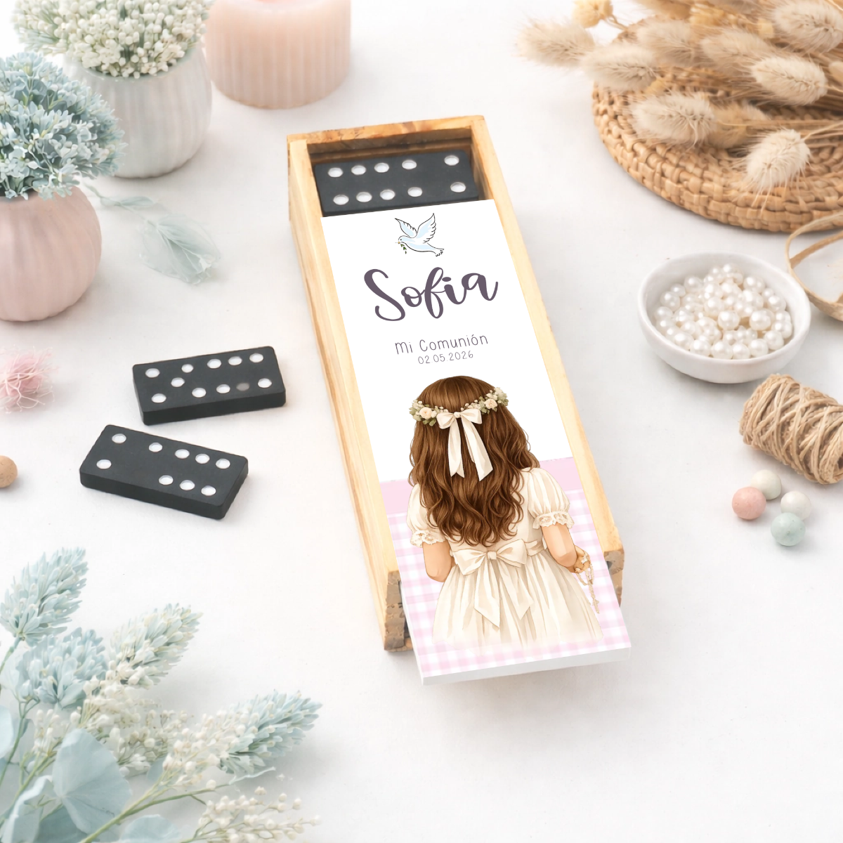 Detalle personalizado de comunión para invitados diseño vichy