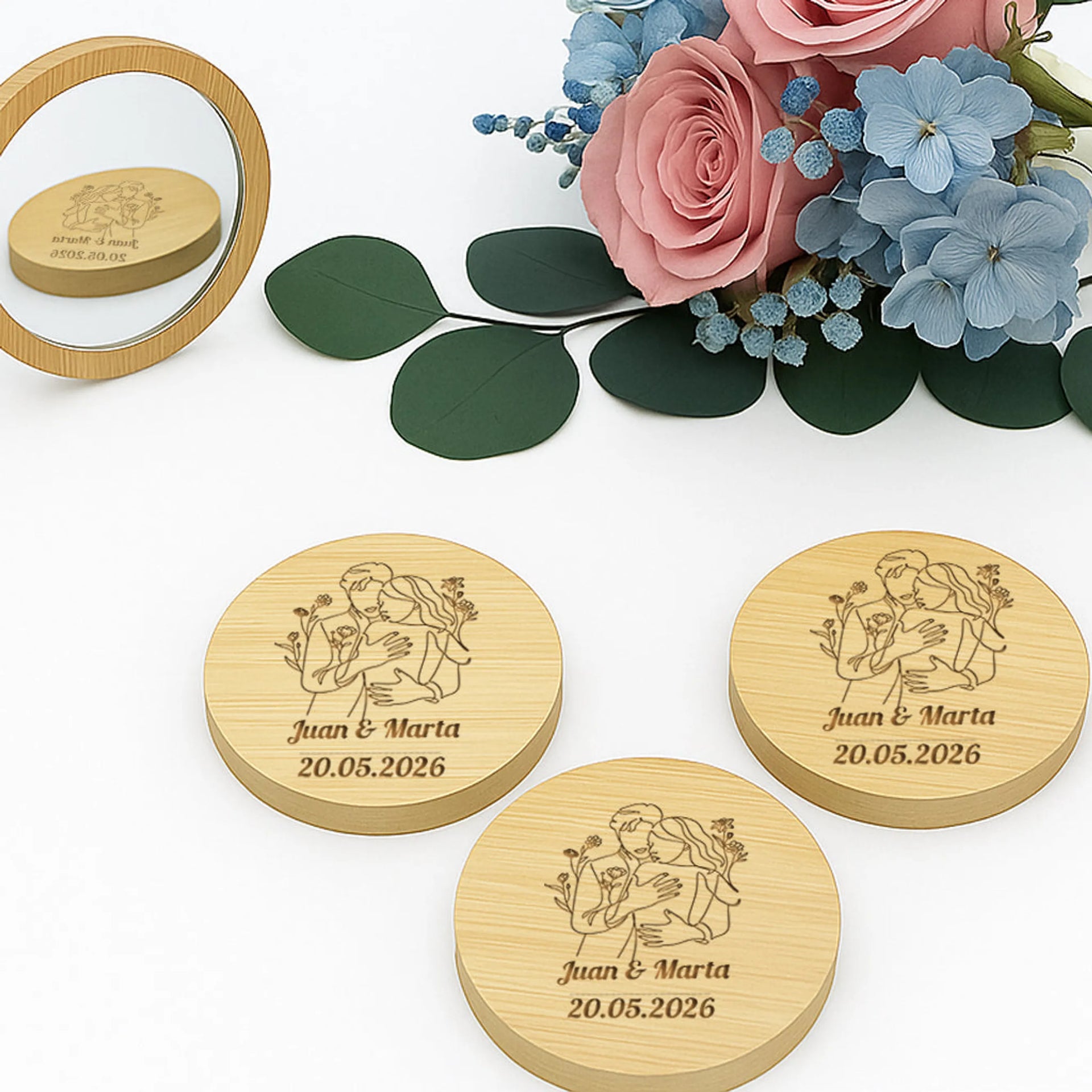 espejo de bambú personalizado detalle de boda grabado a láser natural sostenible