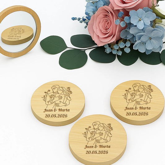 espejo de bambú personalizado detalle de boda grabado a láser natural sostenible
