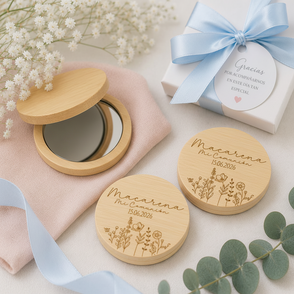 Detalle grabado láser espejo bambú personalizado nombre comunión regalo invitados original