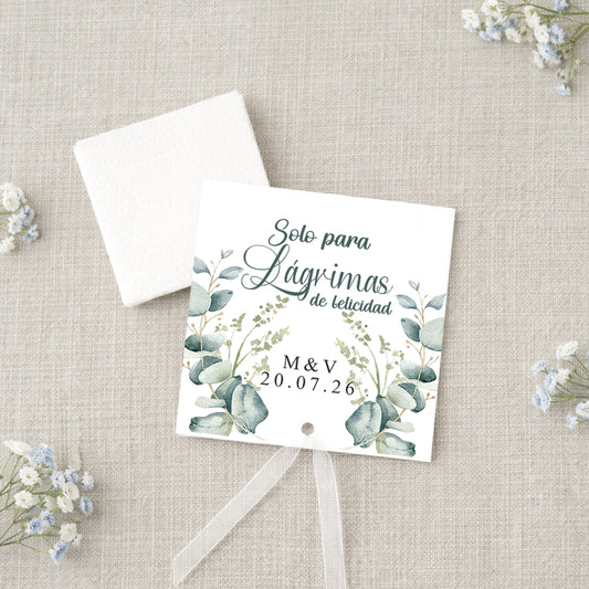 Lágrimas de felicidad personalizadas con pañuelo diseño eucalipto sobre mesa decorada
