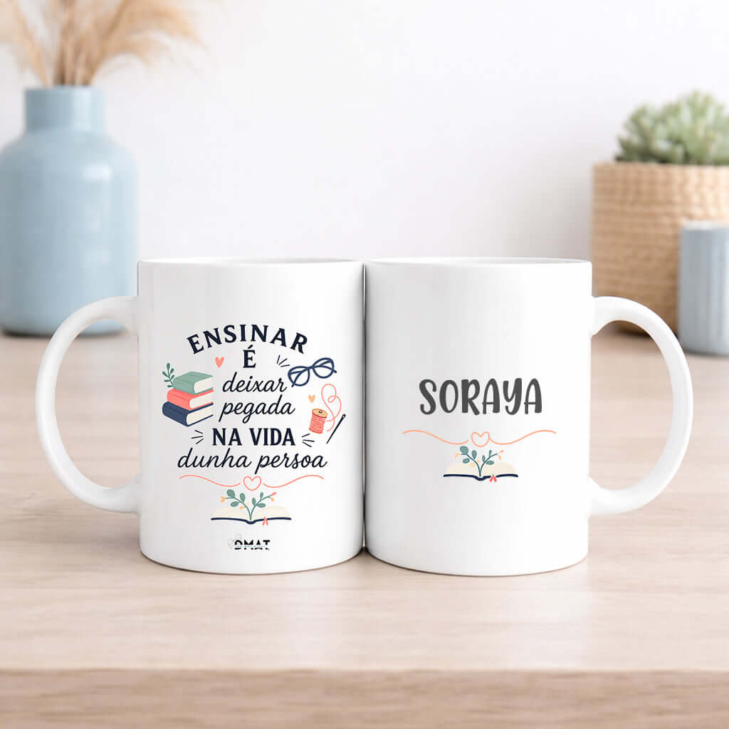 Taza cerámica personalizada para profesora en galego – dedicatoria de fin de curso con nombre
