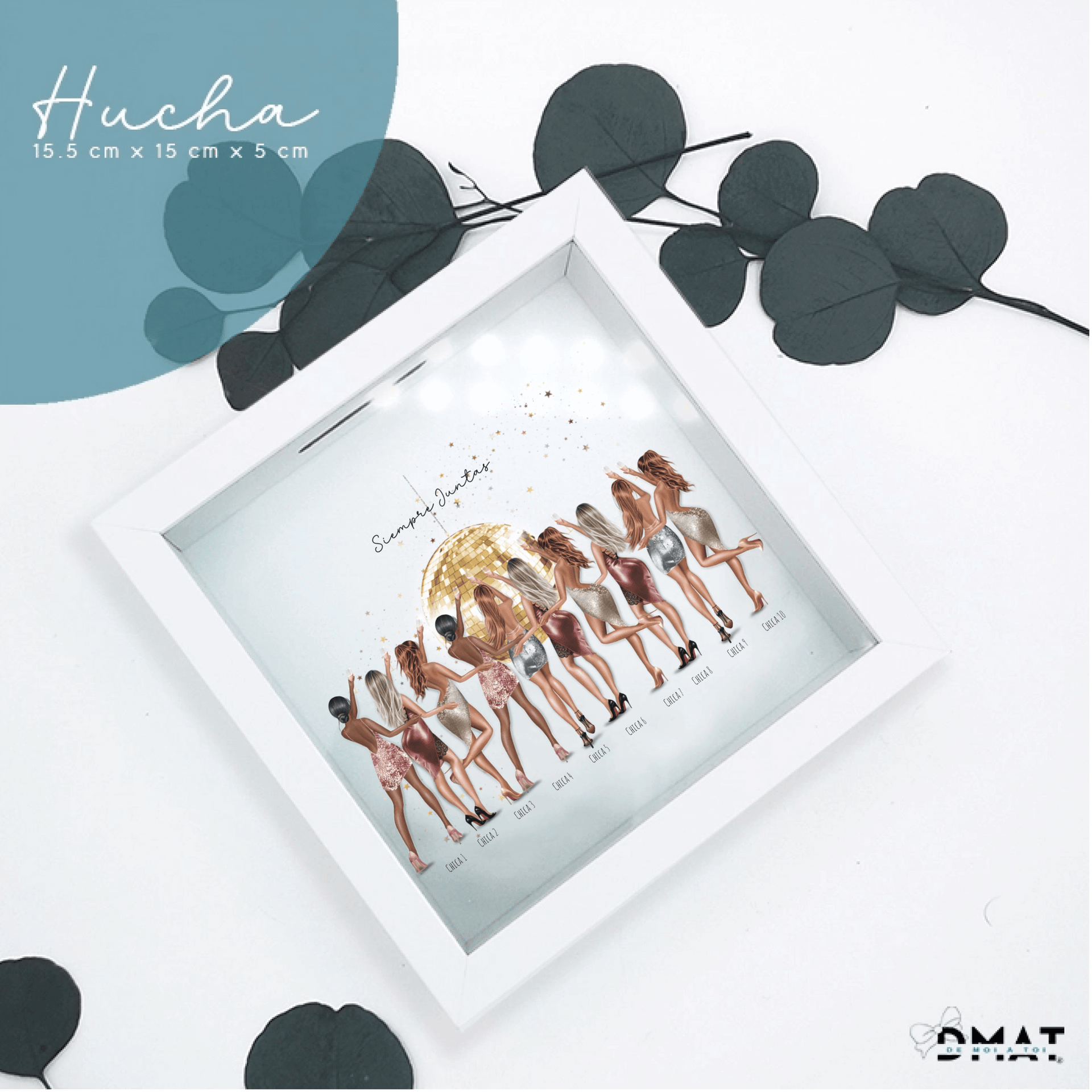 hucha madera blanca amigas de la novia ilustración editable
