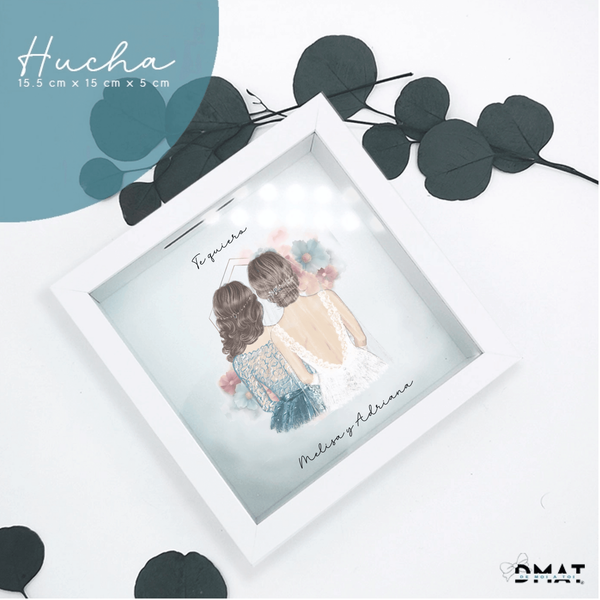 hucha personalizada ilustraciones damas de honor boda cristal frontal
