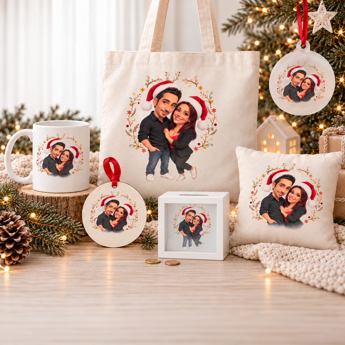 Regalos personalizados con caricatura navideña desde foto con gorros de Papá Noel