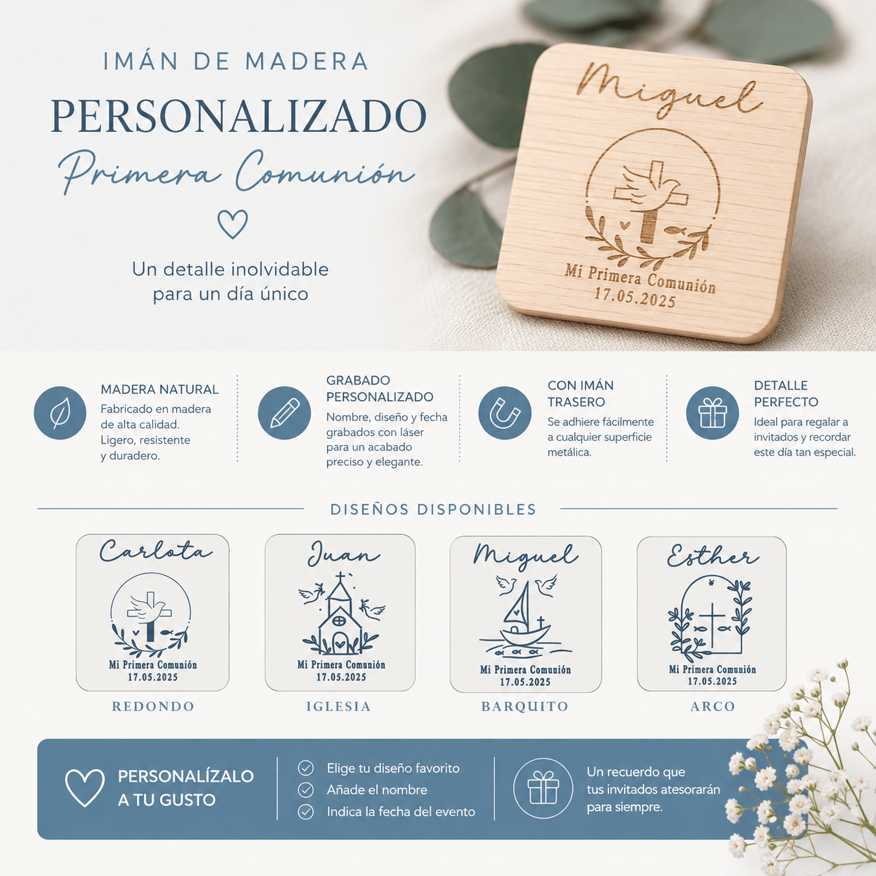 Imán de madera grabado a láser | Detalle de comunión personalizado
