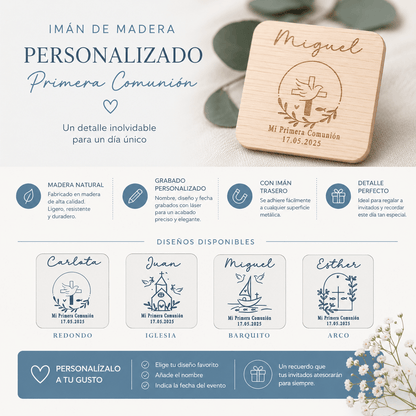 Imán de madera grabado a láser | Detalle de comunión personalizado