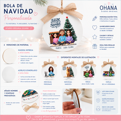 Infografía con los tipos de bola de Navidad personalizada OHANA: composición individual, pareja, mascota y pareja o familia, en madera o acrílico