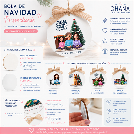 Infografía con los tipos de bola de Navidad personalizada OHANA: composición individual, pareja, mascota y pareja o familia, en madera o acrílico