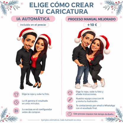 Caricatura navideña personalizada desde tu foto con gorro de Papá Noel | Cuadro, taza, bola de Navidad y más