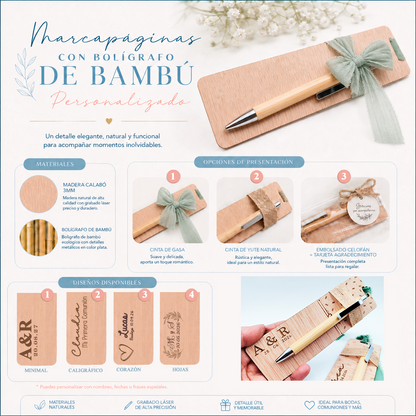 Marcapáginas y Bolígrafo de Bambú Personalizado | Boda, Bautizo y Comunión