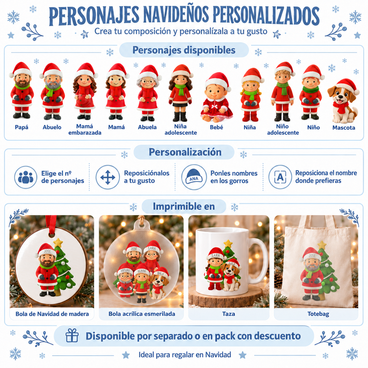 Infografía de personajes navideños personalizados: papá, mamá, abuelos, niños, bebé y mascota, imprimibles en bola de madera, bola acrílica, taza y totebag