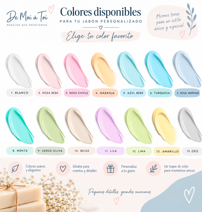 Colores de jabón para nombres personalizados para invitados de bautizo