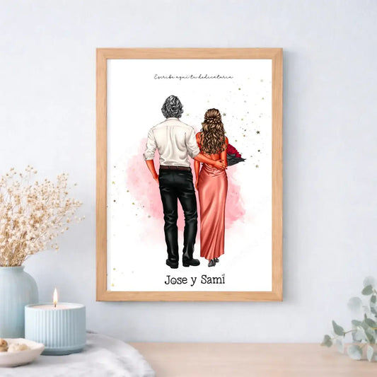 Ilustración personalizada de pareja elegante en lámina decorativa con personajes personalizables